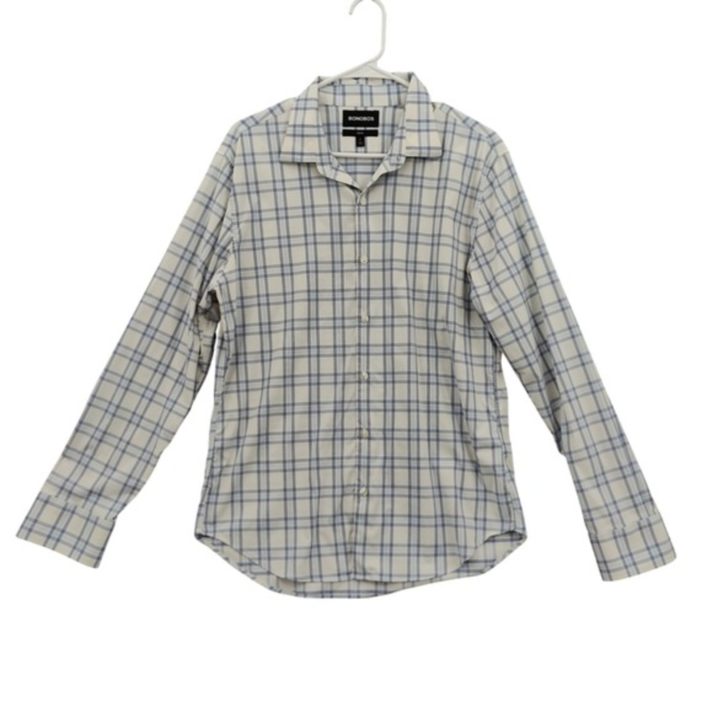 Bonobos Mens Preppy Window Plaid Business Casual Slim Fit Shirt L White Blue